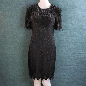 Vintage Laurence Kazar Beaded Silk Cocktail Dress 90s BEAUTIFUL!